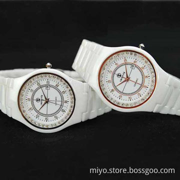 Ladies' CZ Stones Watch with White Ceramic-liked Wrist Bracelets, Wholesales,OEM and ODM are Welcome